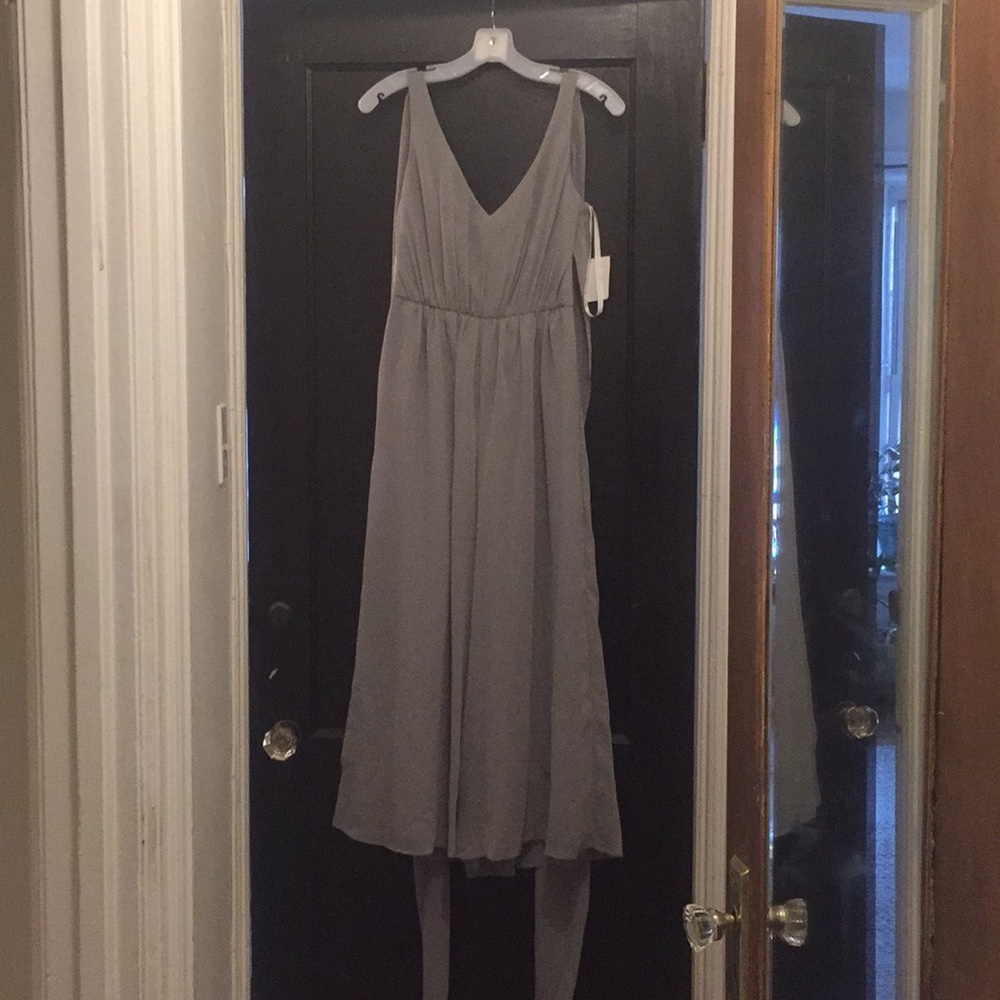 Grey Chiffon jumpsuit from Dave’s Bridal